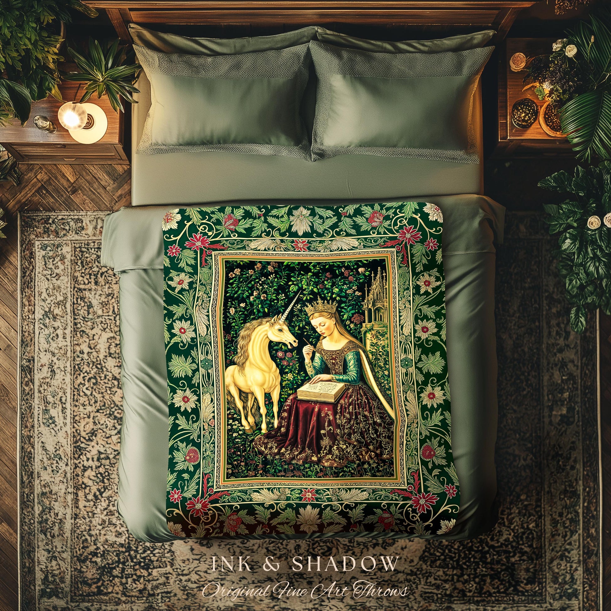 Whimsical Medieval Fantasy Throw Blanket | Rustic Storybook Cottagecore Coquette Regal Aesthetic Woven Tapestry Dark Royalcore Folklore |