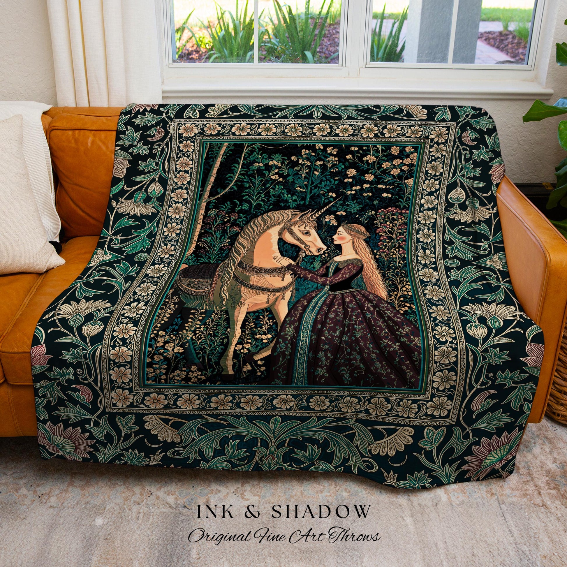 Nature Spirits Dark Botanical Throw Blanket | Fantasy Fairytale Bed Coverlet Medieval Gothic Decor Royalcore Princesscore Woven Tapestry |
