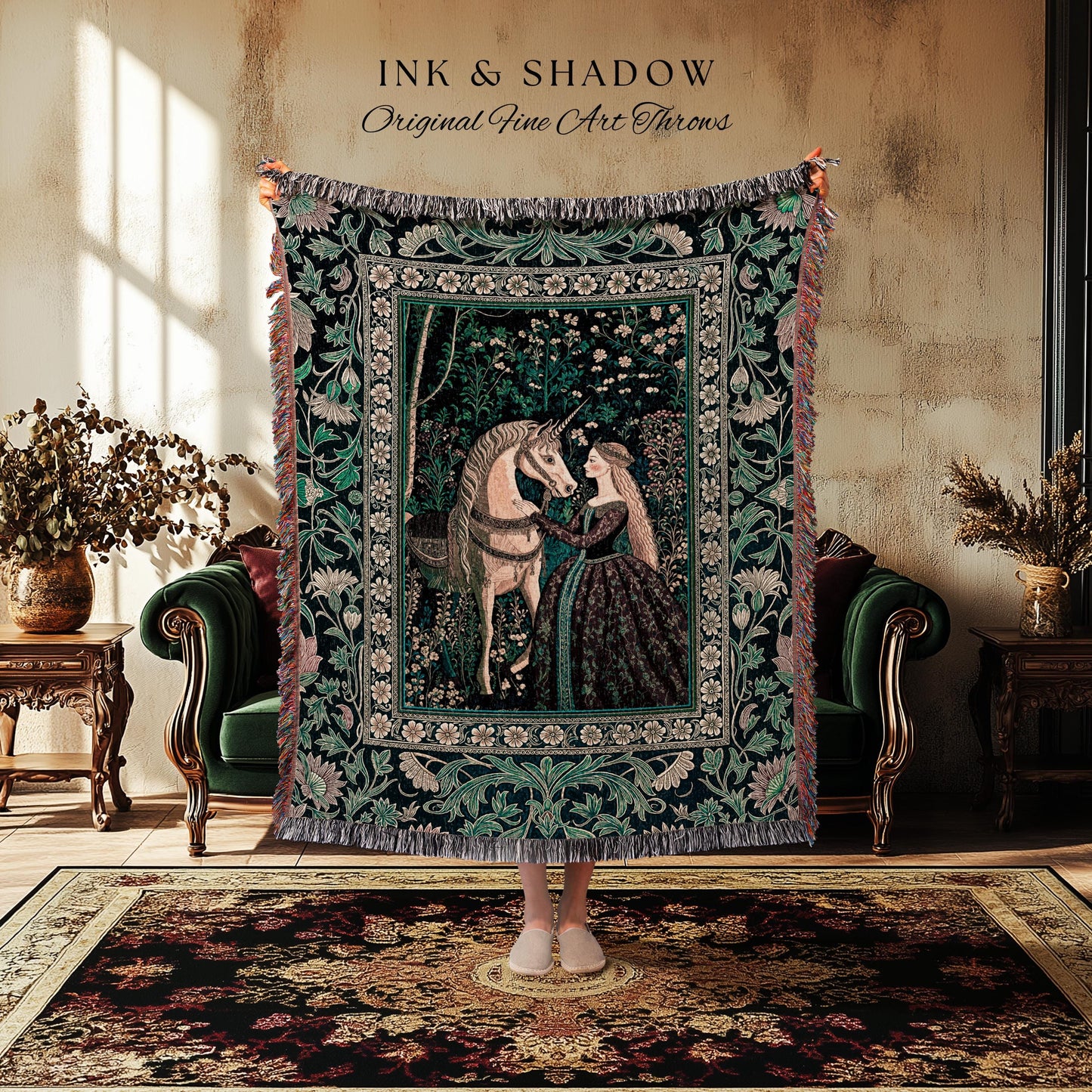Nature Spirits Dark Botanical Throw Blanket | Fantasy Fairytale Bed Coverlet Medieval Gothic Decor Royalcore Princesscore Woven Tapestry |