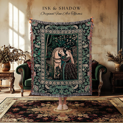 Nature Spirits Dark Botanical Throw Blanket | Fantasy Fairytale Bed Coverlet Medieval Gothic Decor Royalcore Princesscore Woven Tapestry |