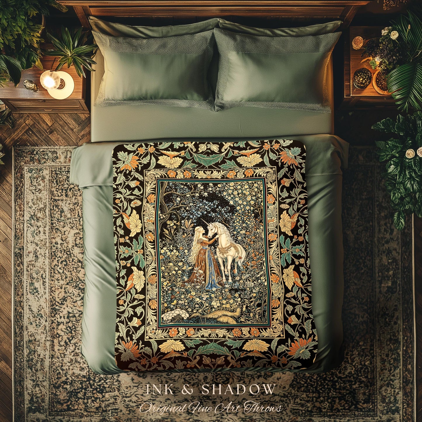 Magical Aesthetic Wildflower Throw Blanket | Ethereal Pastel Fairycore Mystic Medieval Woven Wall Tapestry Forest Spirits Dreamy Fairytale |