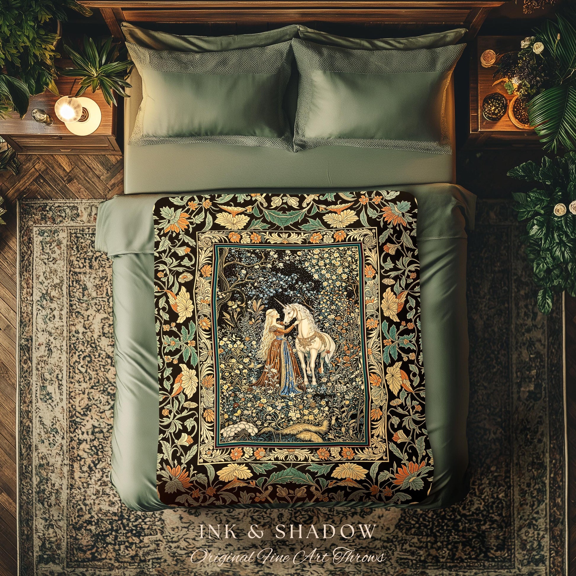 Magical Aesthetic Wildflower Throw Blanket | Ethereal Pastel Fairycore Mystic Medieval Woven Wall Tapestry Forest Spirits Dreamy Fairytale |