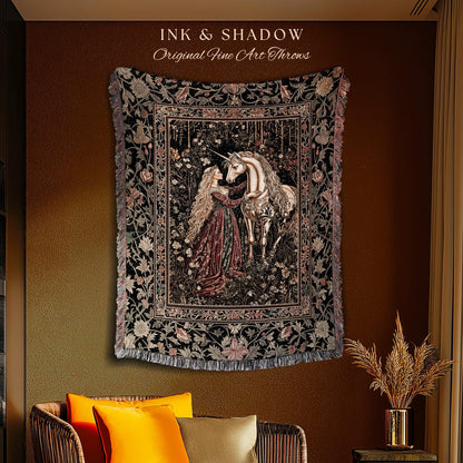 Romantic Fairytale Unicorn Throw Blanket | Regency Dark Cottagecore Coquette Woven Tapestry Dreamy Rococo Bedroom Storybook Gothic Decor |