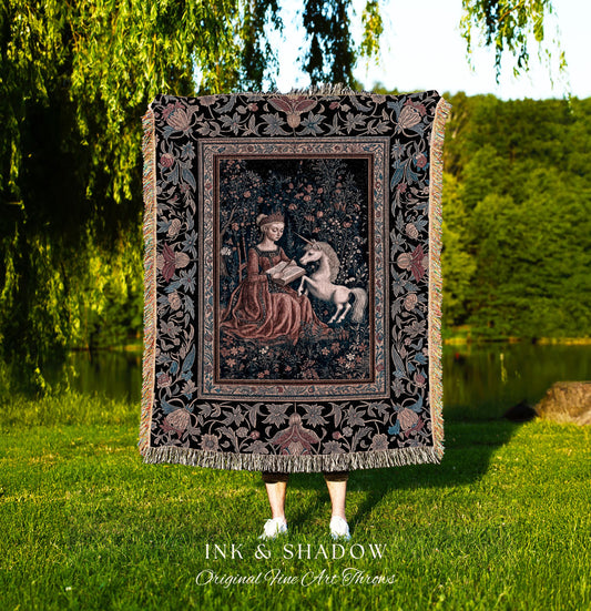 Fairytale Unicorn Victorian Tapestry Blanket | Storybook Dark Academia Decor Fairytale Princess Rococo Tapestry Romantic Cottage Aesthetic |