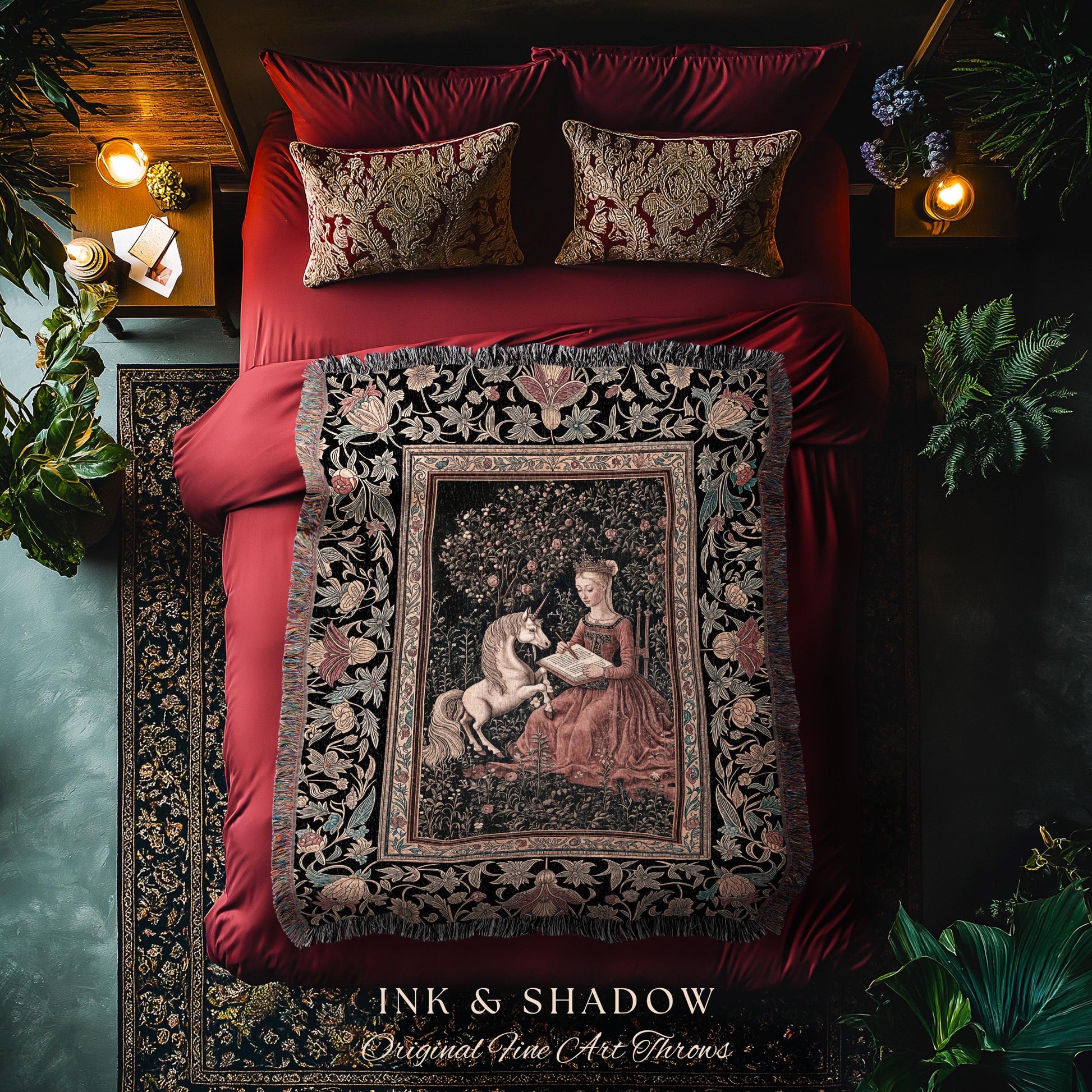 Victorian Storybook Floral Woven Blanket | Mystical Renaissance Fairytale Wall Tapestry Dark Cottagecore Ethereal Bedroom Royalcore Decor |
