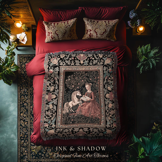 Victorian Storybook Floral Woven Blanket | Mystical Renaissance Fairytale Wall Tapestry Dark Cottagecore Ethereal Bedroom Royalcore Decor |
