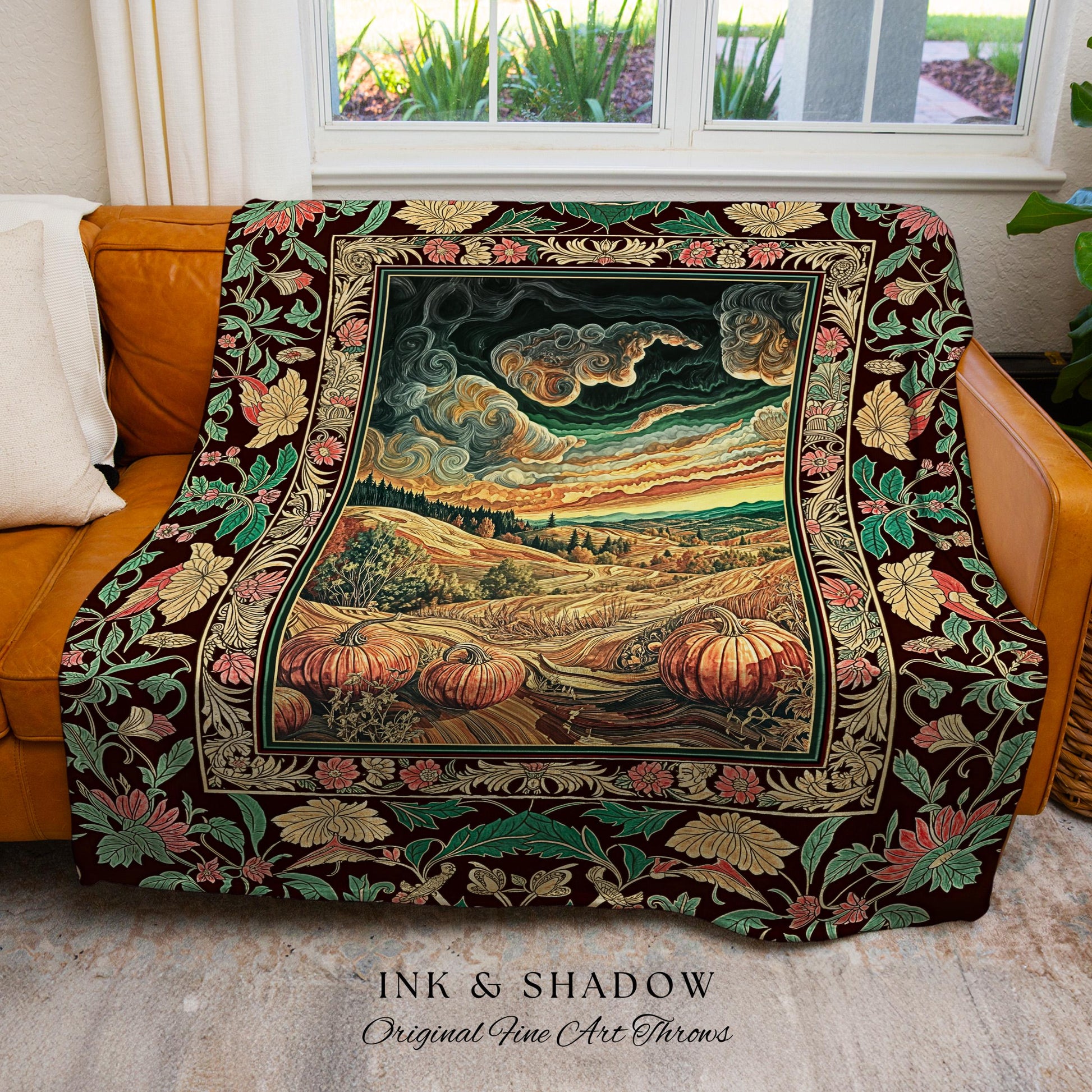 Baroque Autumn Landscape Ornate Tapestry | Whimsigothic Woven Throw Blanket Rustic Pumpkin Patch Decor Dark Academia Spooky Season Vintage |