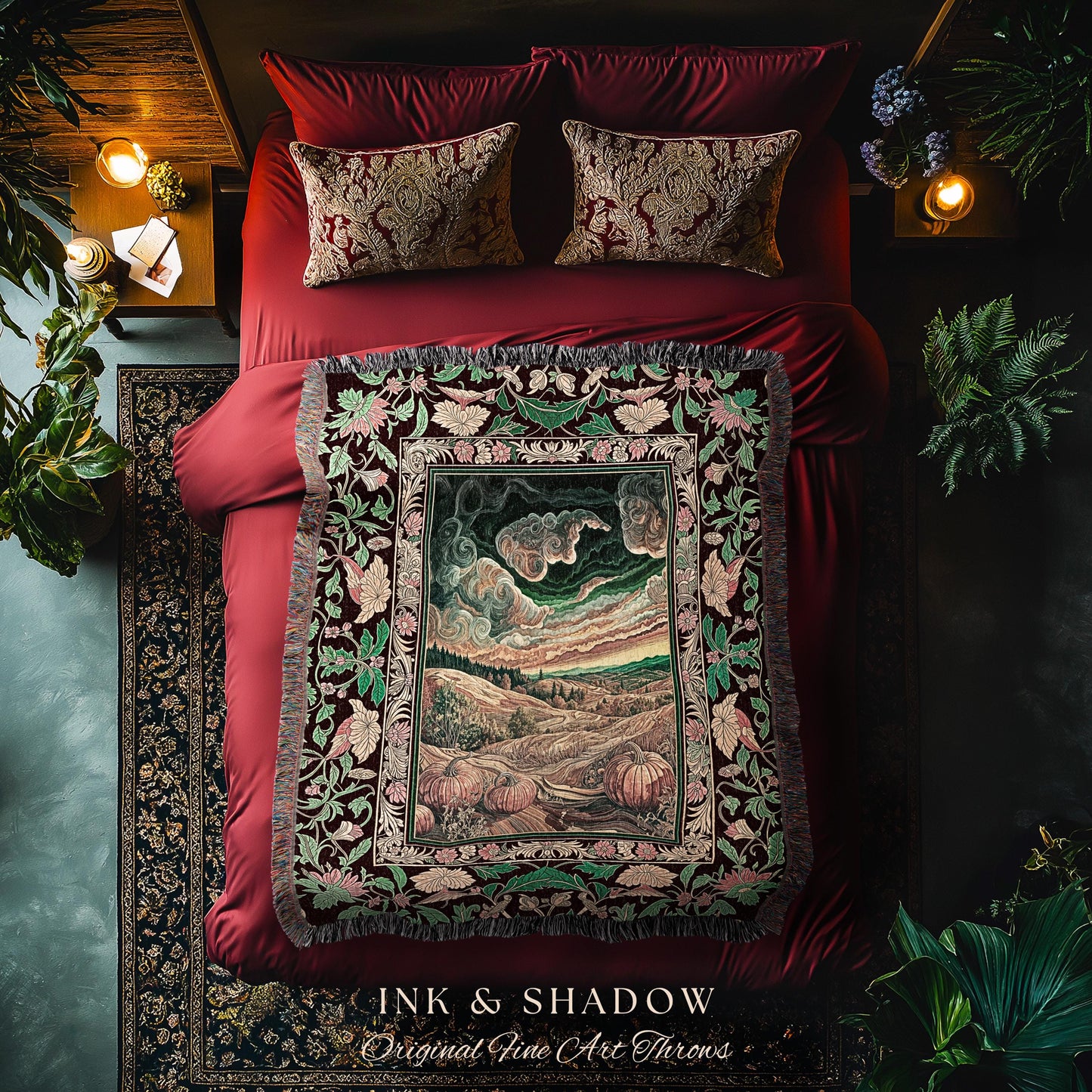 Baroque Autumn Landscape Ornate Tapestry | Whimsigothic Woven Throw Blanket Rustic Pumpkin Patch Decor Dark Academia Spooky Season Vintage |