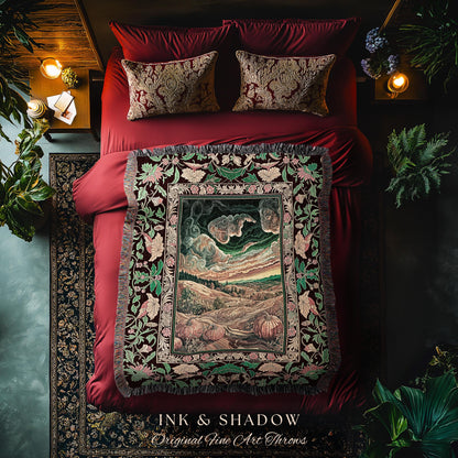 Baroque Autumn Landscape Ornate Tapestry | Whimsigothic Woven Throw Blanket Rustic Pumpkin Patch Decor Dark Academia Spooky Season Vintage |