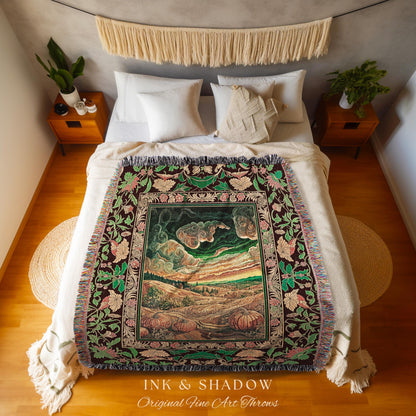 Baroque Autumn Landscape Ornate Tapestry | Whimsigothic Woven Throw Blanket Rustic Pumpkin Patch Decor Dark Academia Spooky Season Vintage |