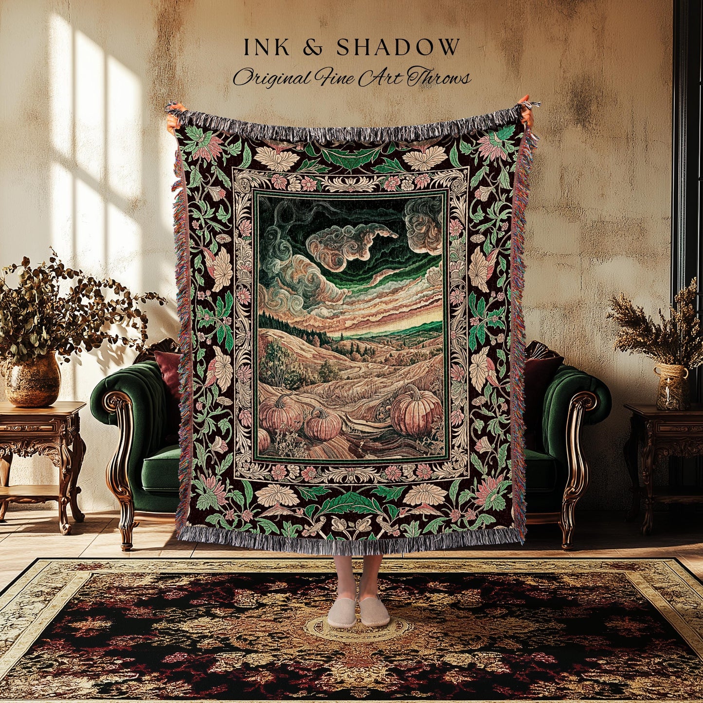 Baroque Autumn Landscape Ornate Tapestry | Whimsigothic Woven Throw Blanket Rustic Pumpkin Patch Decor Dark Academia Spooky Season Vintage |