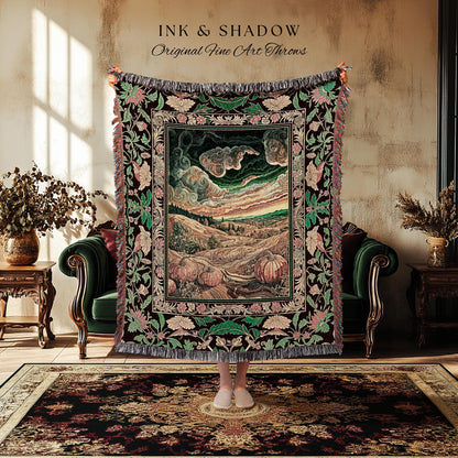 Baroque Autumn Landscape Ornate Tapestry | Whimsigothic Woven Throw Blanket Rustic Pumpkin Patch Decor Dark Academia Spooky Season Vintage |