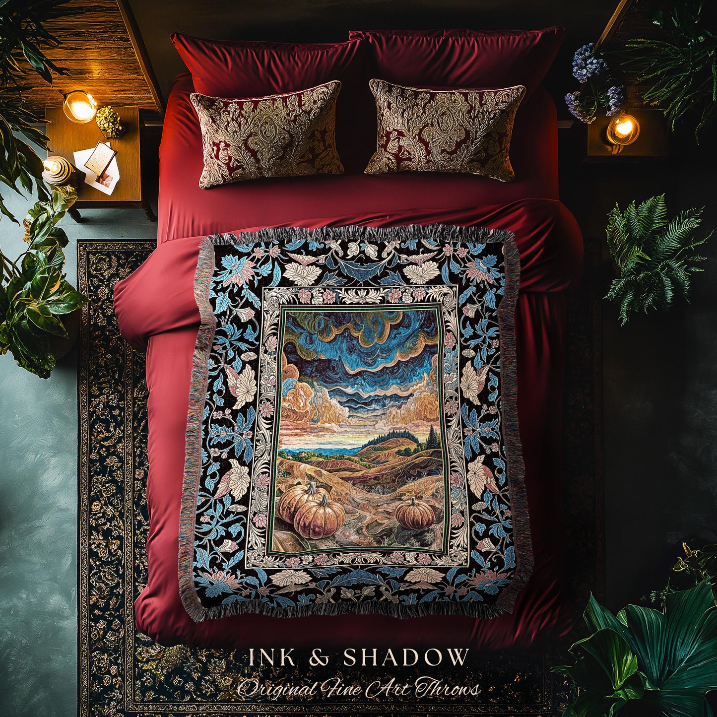 Gothic Maximalist Pumpkin Wall Tapestry | Rustic Autumn Throw Blanket Full Moon Aesthetic Whimsigoth Baroque Ornate Light Academia Accent |
