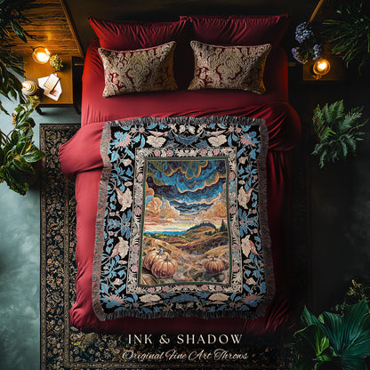 Gothic Maximalist Pumpkin Wall Tapestry | Rustic Autumn Throw Blanket Full Moon Aesthetic Whimsigoth Baroque Ornate Light Academia Accent |