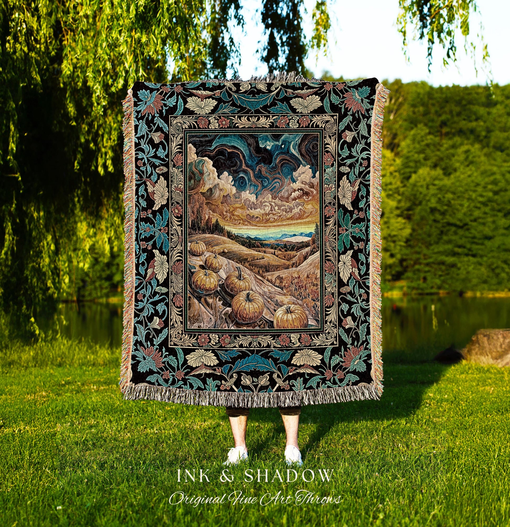Whimsical Fall Pumpkin Night Sky Throw Blanket | Rustic Halloween Woven Tapestry Whimsigothic Autumn Decor Gothiccore Light Academia Vibes |