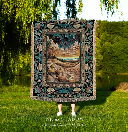 Whimsical Fall Pumpkin Night Sky Throw Blanket | Rustic Halloween Woven Tapestry Whimsigothic Autumn Decor Gothiccore Light Academia Vibes |