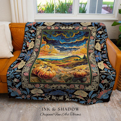 Gothic Maximalist Pumpkin Wall Tapestry | Rustic Autumn Throw Blanket Full Moon Aesthetic Whimsigoth Baroque Ornate Light Academia Accent |