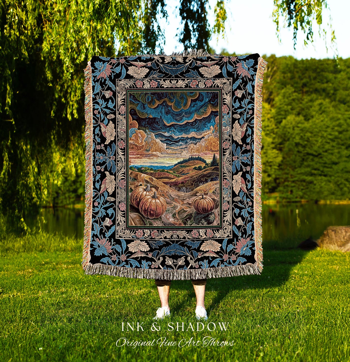 Gothic Maximalist Pumpkin Wall Tapestry | Rustic Autumn Throw Blanket Full Moon Aesthetic Whimsigoth Baroque Ornate Light Academia Accent |