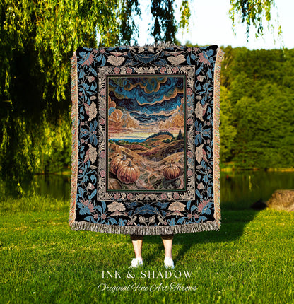 Gothic Maximalist Pumpkin Wall Tapestry | Rustic Autumn Throw Blanket Full Moon Aesthetic Whimsigoth Baroque Ornate Light Academia Accent |