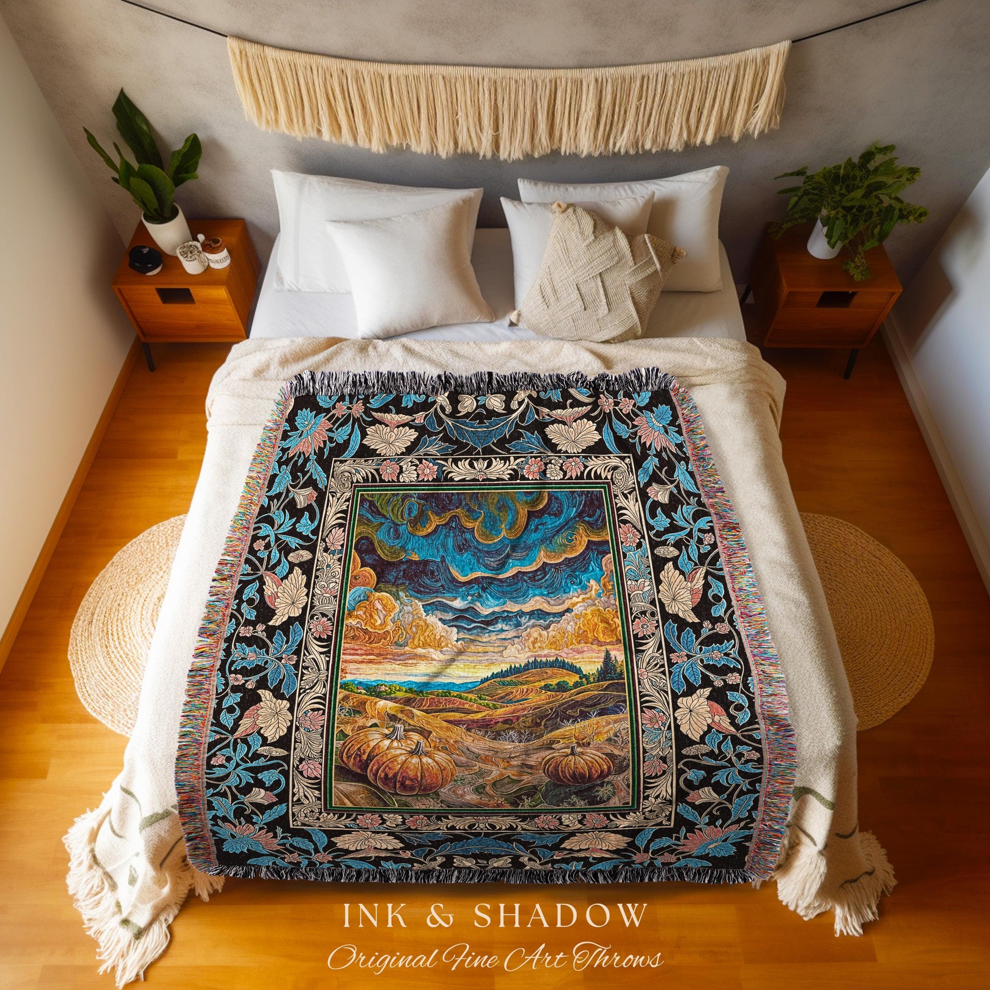 Gothic Maximalist Pumpkin Wall Tapestry | Rustic Autumn Throw Blanket Full Moon Aesthetic Whimsigoth Baroque Ornate Light Academia Accent |