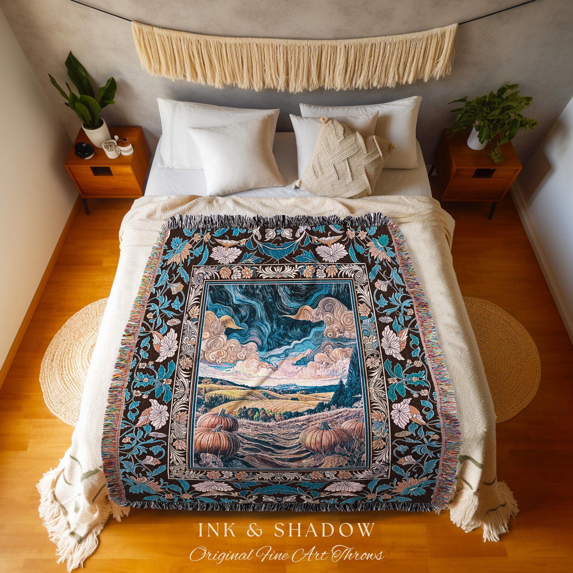 Pastel Gothic Enchanting Pumpkin Throw Blanket | Cozy Rustic Whimsigothic Woven Wall Tapestry Light Academia Decor Autumn Aesthetic Ornate |