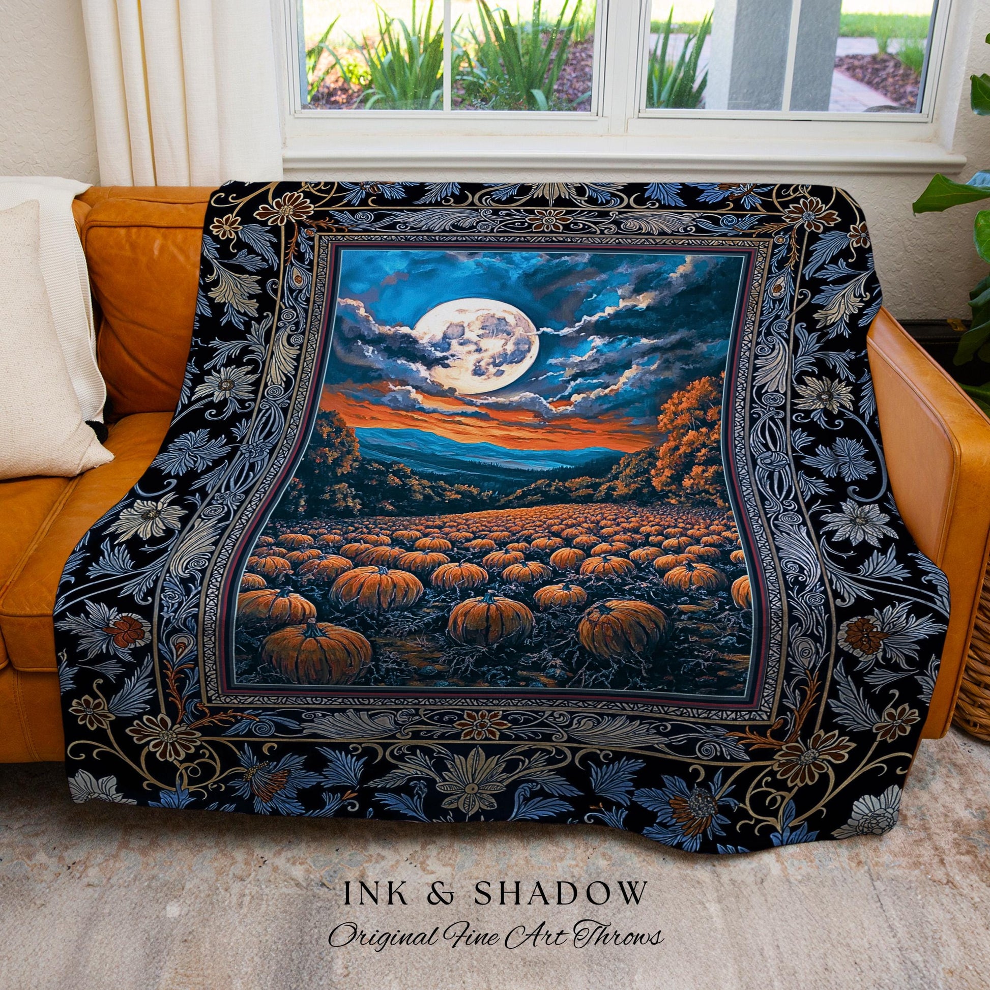 Mystic Full Moon Pumpkin Patch Woven Tapestry | Dark Royal Blue Whimsigoth Vintage Halloween Decor Rustic Elegant Academia Fall Home Accent