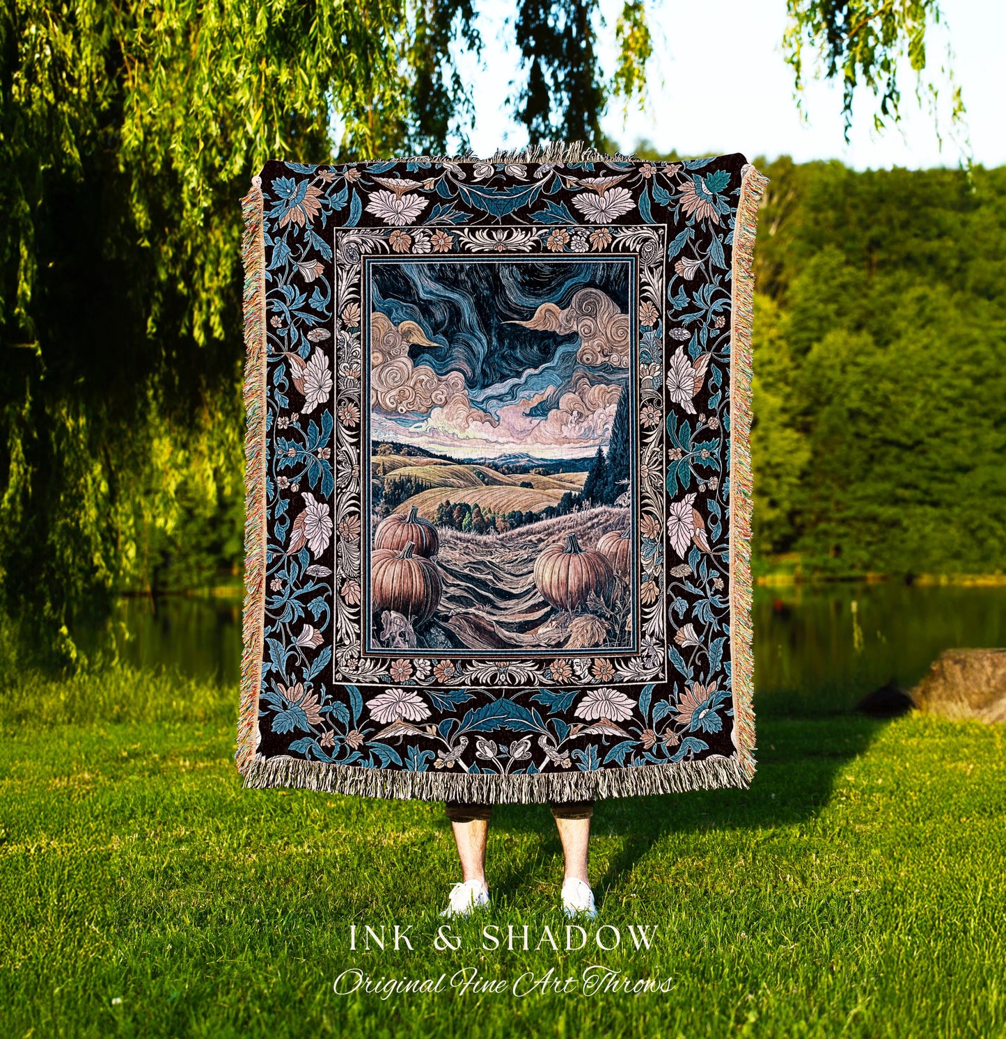 Pastel Gothic Enchanting Pumpkin Throw Blanket | Cozy Rustic Whimsigothic Woven Wall Tapestry Light Academia Decor Autumn Aesthetic Ornate |