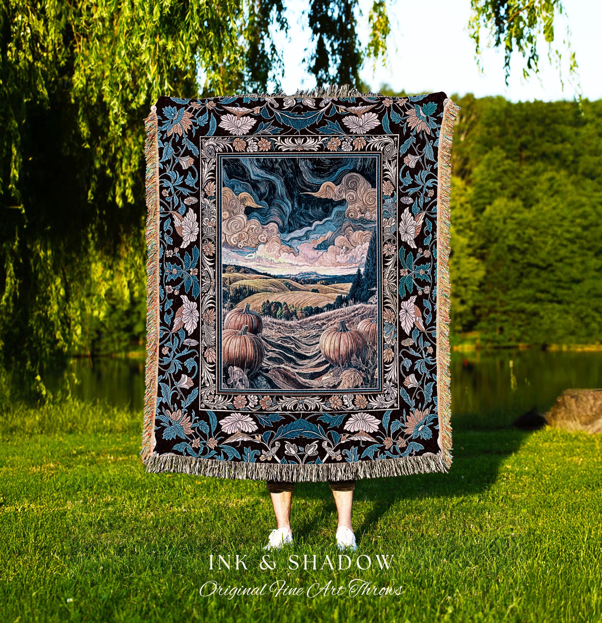 Pastel Gothic Enchanting Pumpkin Throw Blanket | Cozy Rustic Whimsigothic Woven Wall Tapestry Light Academia Decor Autumn Aesthetic Ornate |