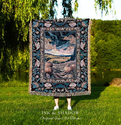 Pastel Gothic Enchanting Pumpkin Throw Blanket | Cozy Rustic Whimsigothic Woven Wall Tapestry Light Academia Decor Autumn Aesthetic Ornate |