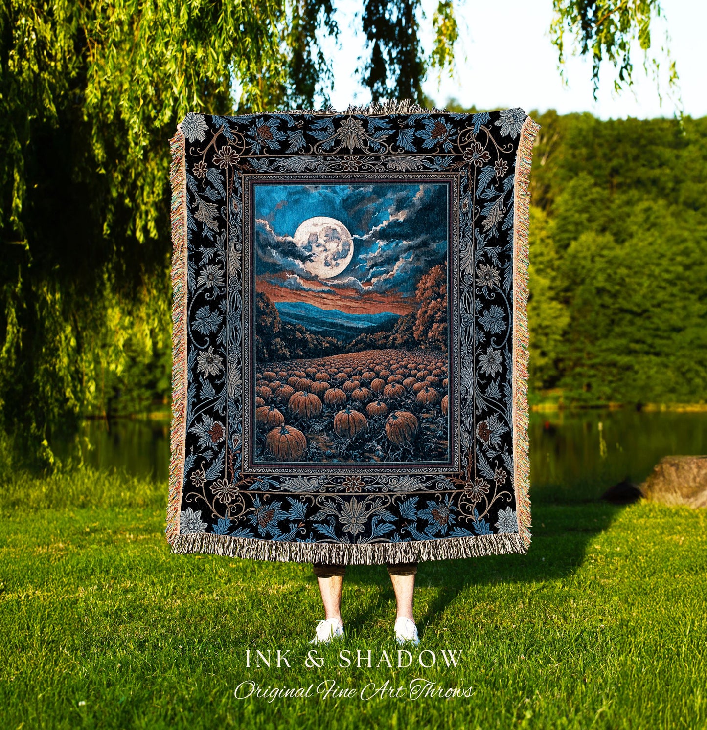 Mystic Full Moon Pumpkin Patch Woven Tapestry | Dark Royal Blue Whimsigoth Vintage Halloween Decor Rustic Elegant Academia Fall Home Accent