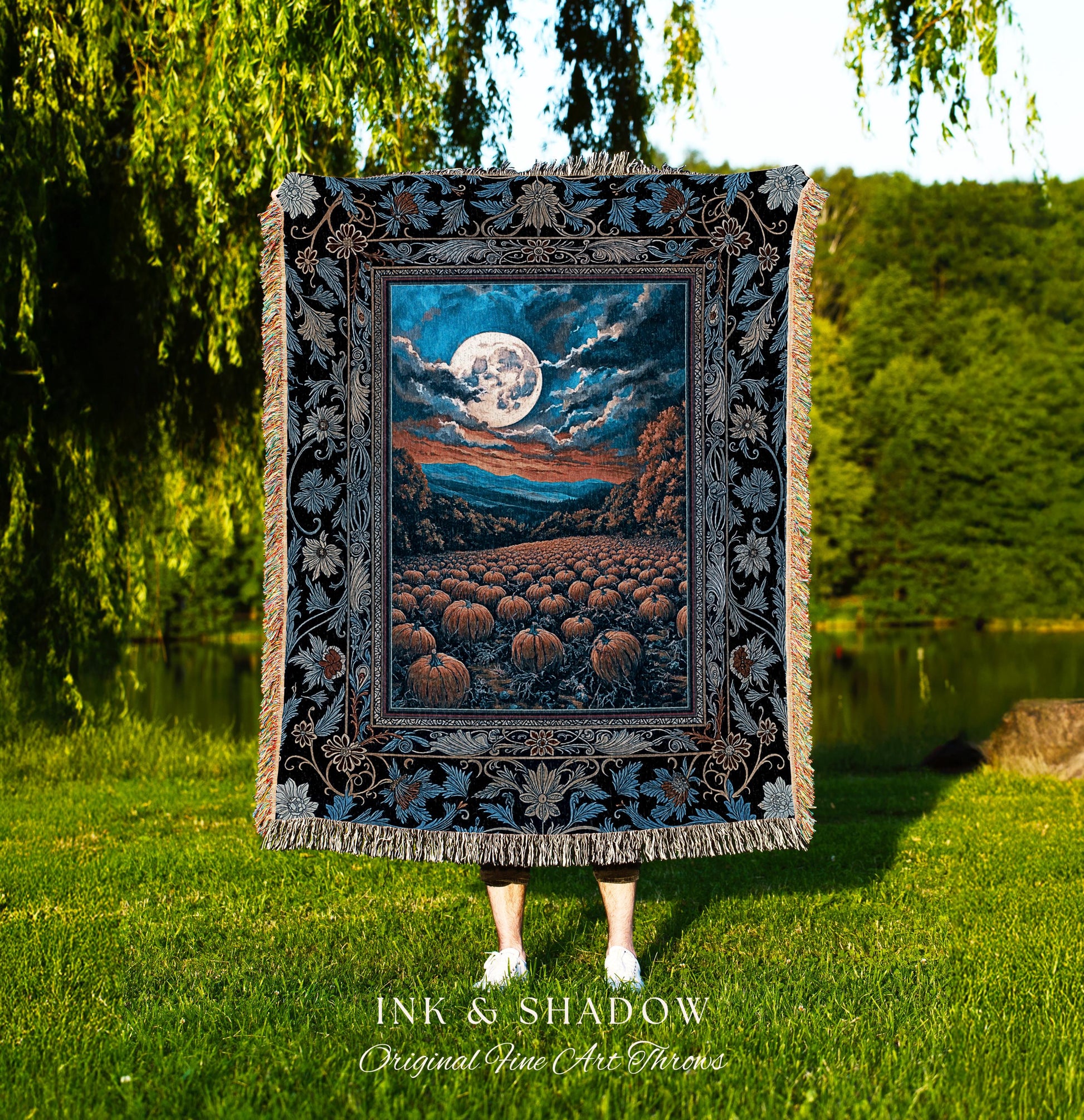 Mystic Full Moon Pumpkin Patch Woven Tapestry | Dark Royal Blue Whimsigoth Vintage Halloween Decor Rustic Elegant Academia Fall Home Accent