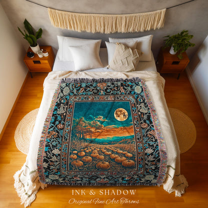 Romantic Fall Aesthetic Full Moon Cozy Throw Blanket | Rustic Pumpkin Decor Whimsigoth Spooky Academia Vibes Retro Halloween Woven Tapestry