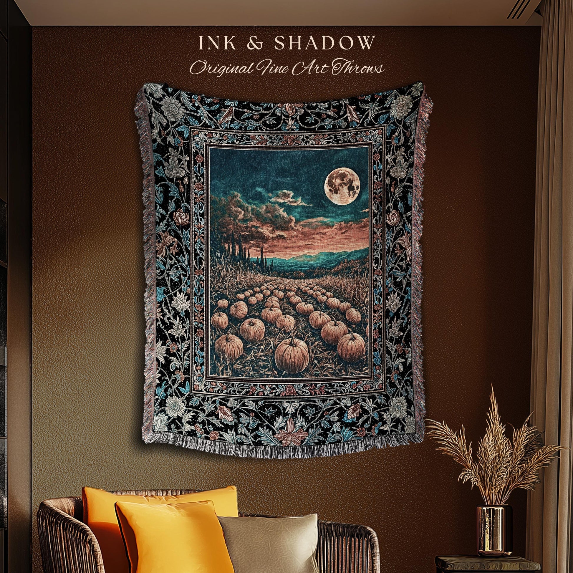 Romantic Fall Aesthetic Full Moon Cozy Throw Blanket | Rustic Pumpkin Decor Whimsigoth Spooky Academia Vibes Retro Halloween Woven Tapestry