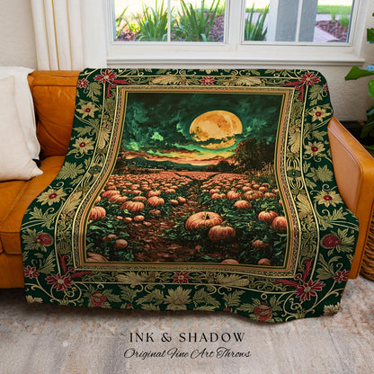 Emerald Night Sky Spooky Throw Blanket | Whimsigoth Witchy Halloween Rustic Cozy Autumn Decor Full Harvest Moon Woven Wall Tapestry Ornate |