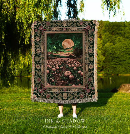 Emerald Night Sky Spooky Throw Blanket | Whimsigoth Witchy Halloween Rustic Cozy Autumn Decor Full Harvest Moon Woven Wall Tapestry Ornate |