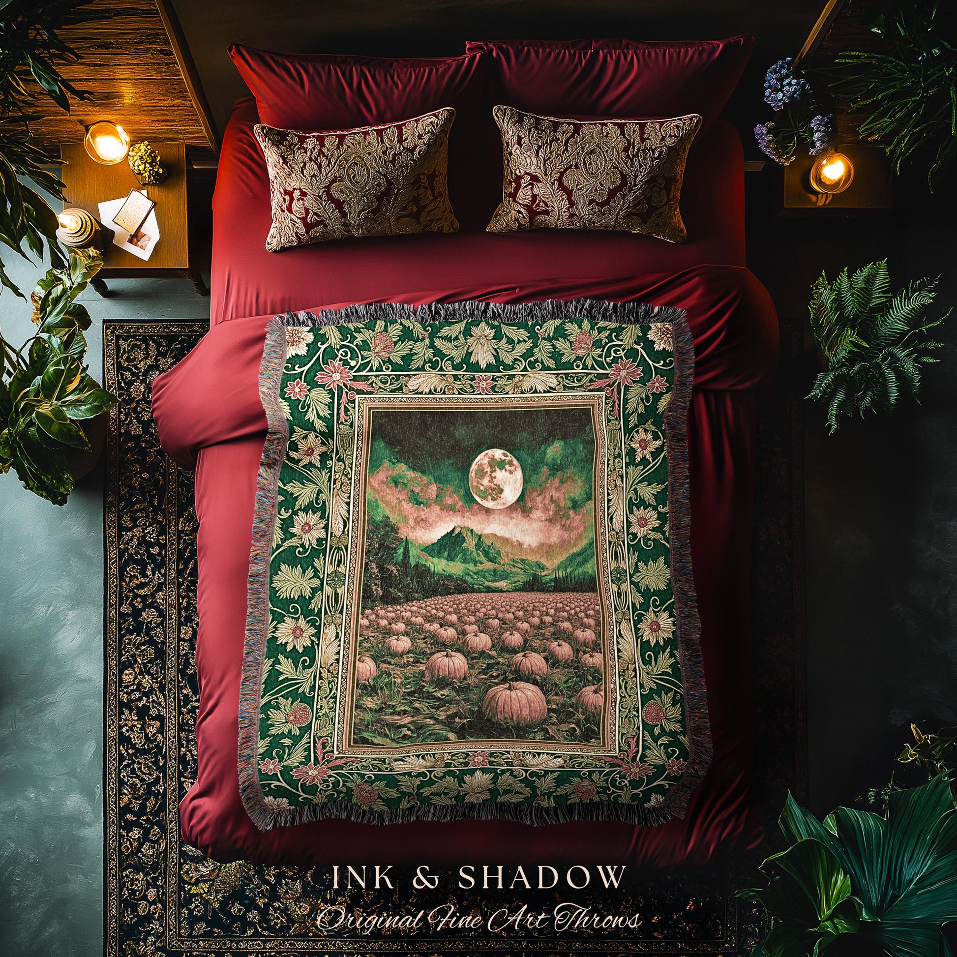Magic Aesthetic Full Moon Woven Throw | Whimsical Autumn Aesthetic Crowcore Pumpkin Tapestry Rustic Halloween Fall Gothic Witchy Academia