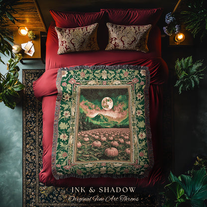 Magic Aesthetic Full Moon Woven Throw | Whimsical Autumn Aesthetic Crowcore Pumpkin Tapestry Rustic Halloween Fall Gothic Witchy Academia