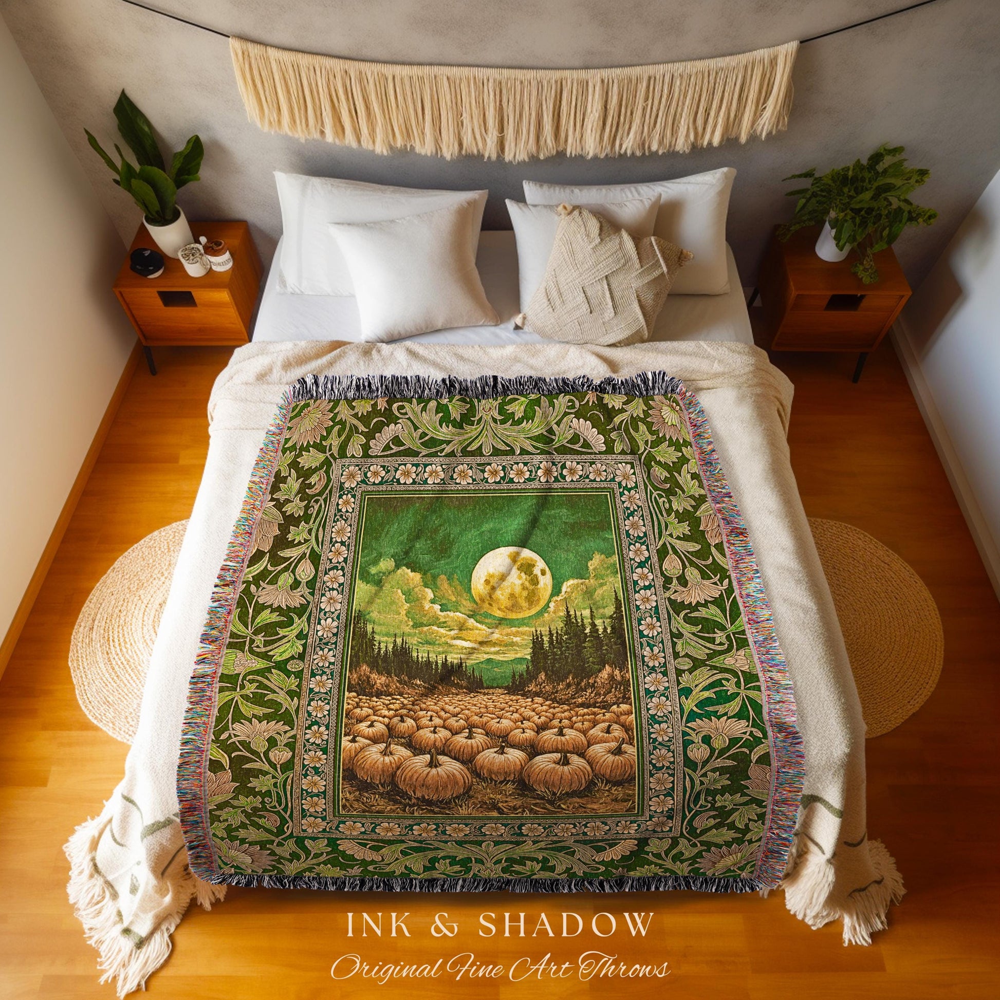 Bohemian Pumpkin Patch Fall Blanket | Whimsigoth Rustic Halloween Woven Wall Tapestry Gothic Academia Autumn Night Spooky Aesthetic Decor |