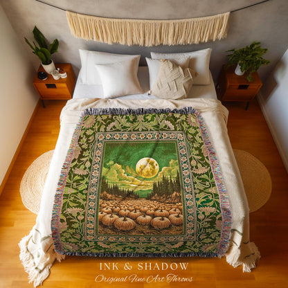 Bohemian Pumpkin Patch Fall Blanket | Whimsigoth Rustic Halloween Woven Wall Tapestry Gothic Academia Autumn Night Spooky Aesthetic Decor |