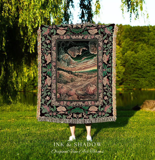 Baroque Autumn Landscape Ornate Tapestry | Whimsigothic Woven Throw Blanket Rustic Pumpkin Patch Decor Dark Academia Spooky Season Vintage |