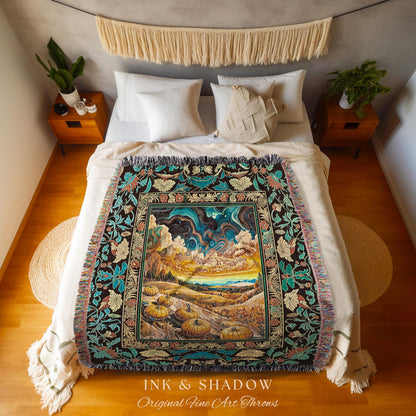 Whimsical Fall Pumpkin Night Sky Throw Blanket | Rustic Halloween Woven Tapestry Whimsigothic Autumn Decor Gothiccore Light Academia Vibes |