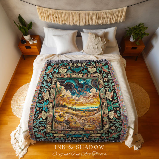 Whimsical Fall Pumpkin Night Sky Throw Blanket | Rustic Halloween Woven Tapestry Whimsigothic Autumn Decor Gothiccore Light Academia Vibes |