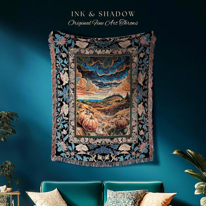 Gothic Maximalist Pumpkin Wall Tapestry | Rustic Autumn Throw Blanket Full Moon Aesthetic Whimsigoth Baroque Ornate Light Academia Accent |