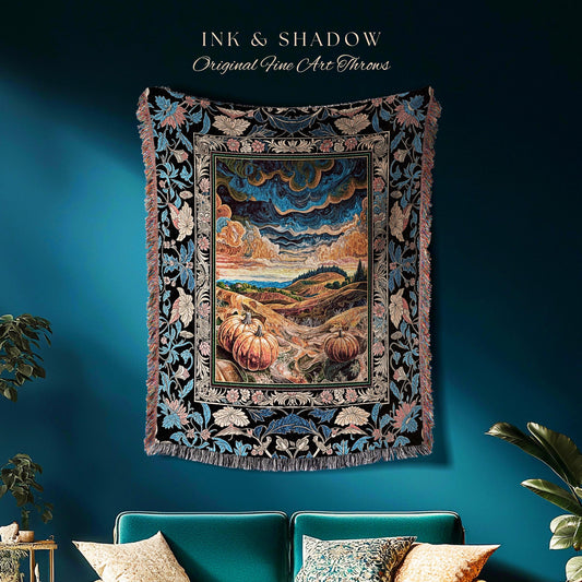 Gothic Maximalist Pumpkin Wall Tapestry | Rustic Autumn Throw Blanket Full Moon Aesthetic Whimsigoth Baroque Ornate Light Academia Accent |