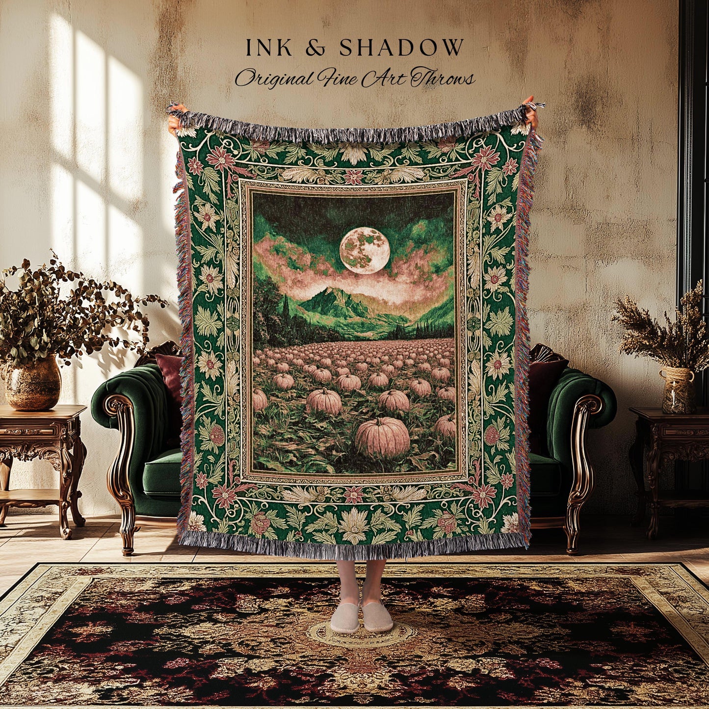Magic Aesthetic Full Moon Woven Throw | Whimsical Autumn Aesthetic Crowcore Pumpkin Tapestry Rustic Halloween Fall Gothic Witchy Academia