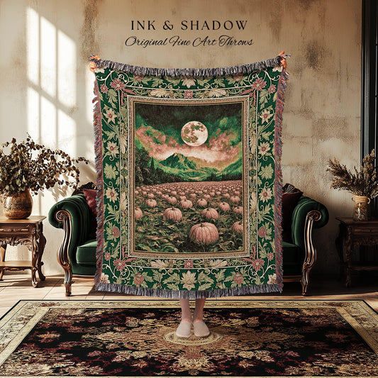 Magic Aesthetic Full Moon Woven Throw | Whimsical Autumn Aesthetic Crowcore Pumpkin Tapestry Rustic Halloween Fall Gothic Witchy Academia