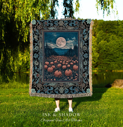 Moody Harvest Moon Woven Throw Blanket | Ethereal Moonlight Cottagecore Tapestry Cozy Autumn Aesthetic Whimsigoth Dark Academia Halloween |