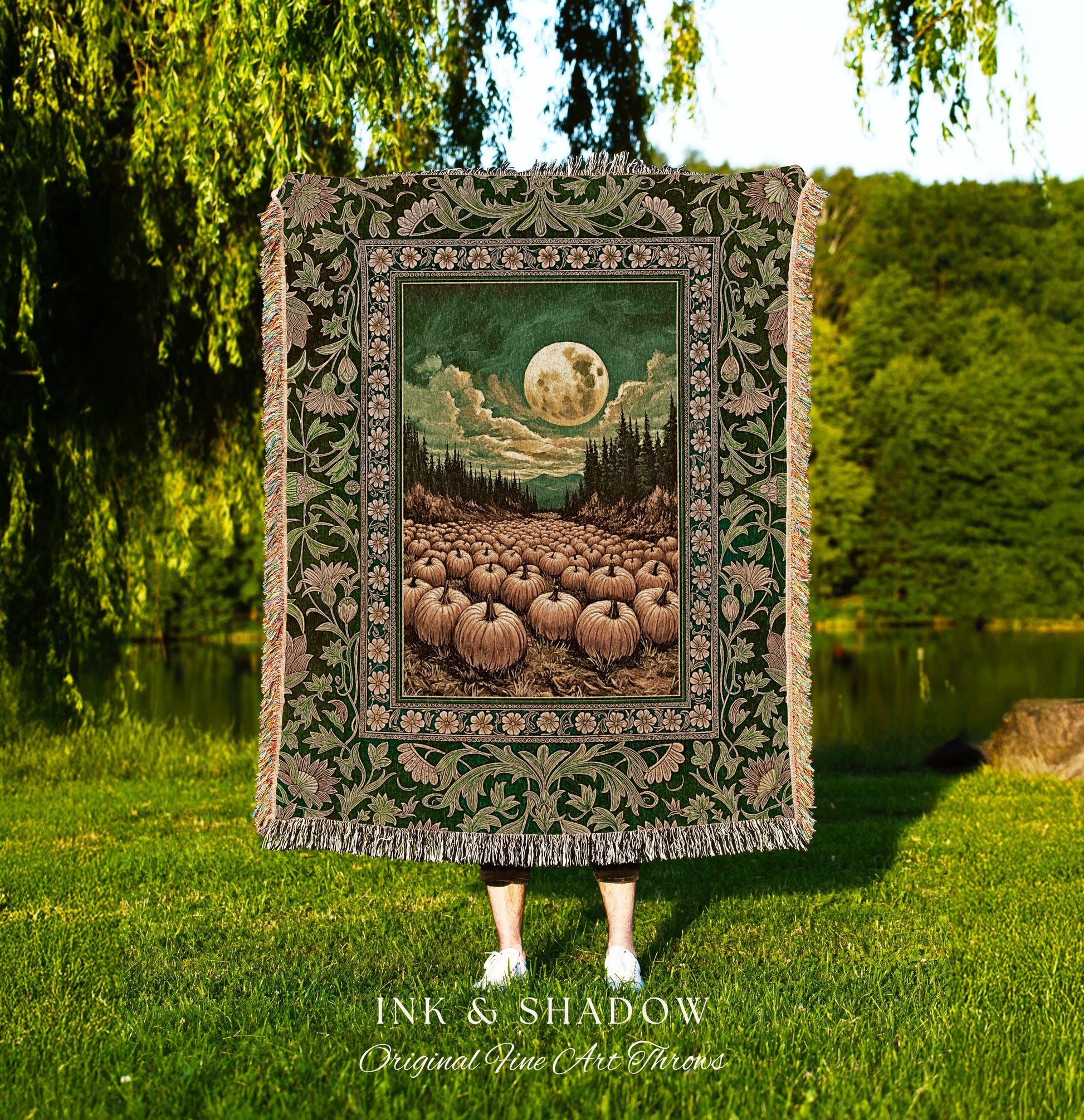 Bohemian Pumpkin Patch Fall Blanket | Whimsigoth Rustic Halloween Woven Wall Tapestry Gothic Academia Autumn Night Spooky Aesthetic Decor |
