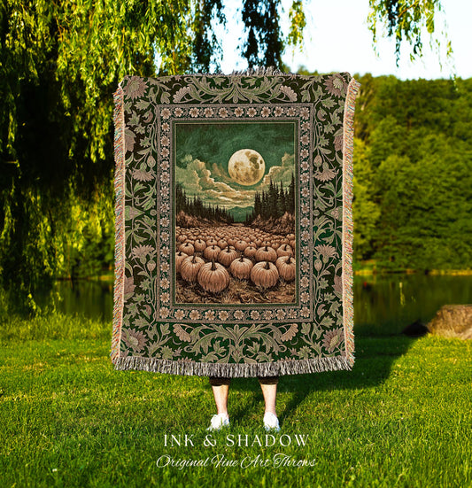Bohemian Pumpkin Patch Fall Blanket | Whimsigoth Rustic Halloween Woven Wall Tapestry Gothic Academia Autumn Night Spooky Aesthetic Decor |