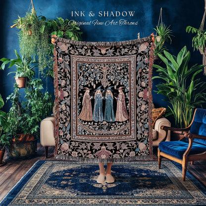 Witchy Folklore Ethereal Woven Tapestry | Occult Baroque Witches Dreamy Aesthetic Magical Woven Throw Blanket Crowcore Renaissance Ornate